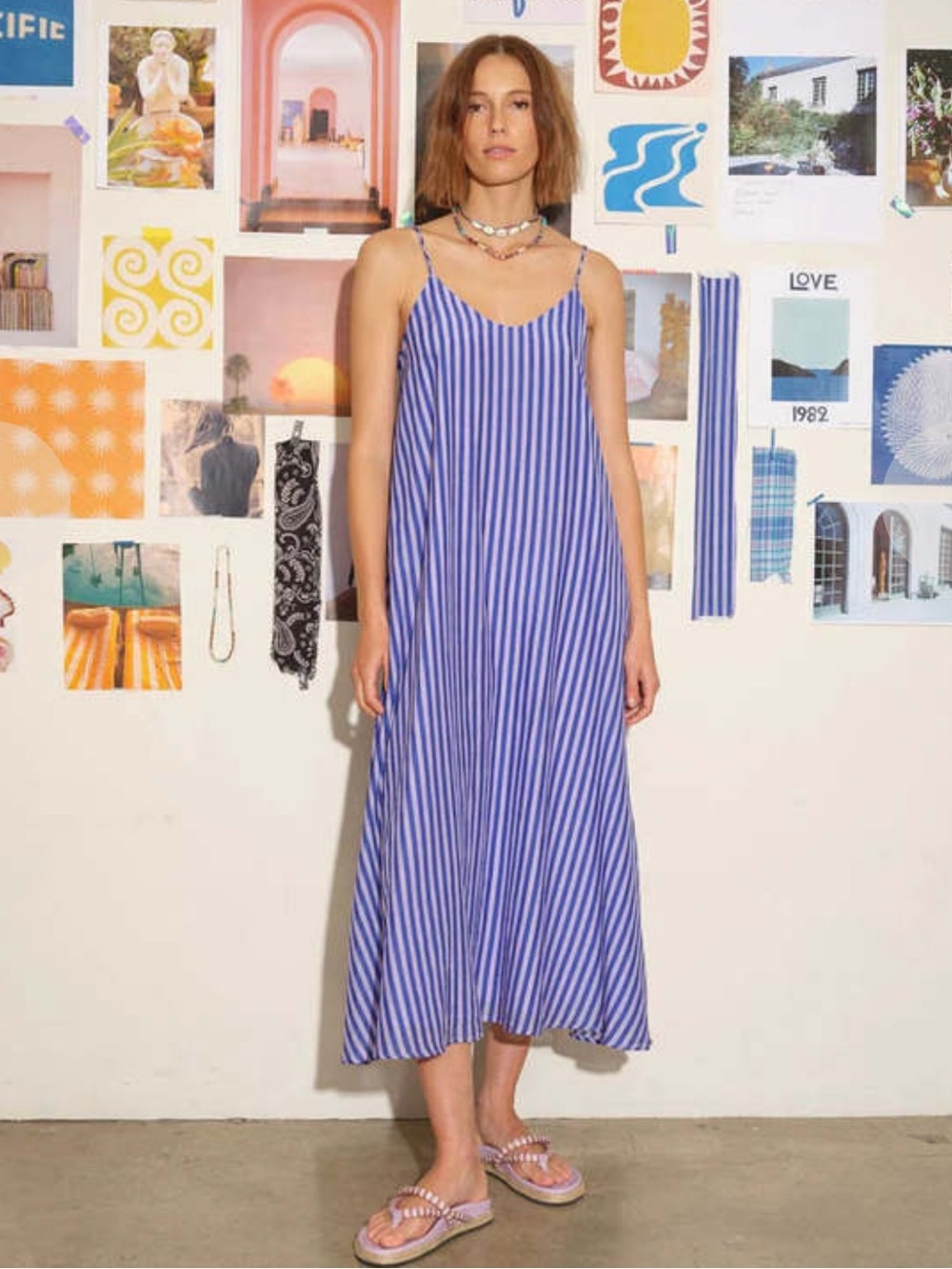 XiRENA Teague Moon Star‎ Silk / Cotton Blue and White Striped Maxi Slip Dress